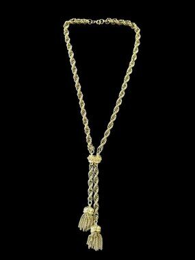 Vintage Gold Tone Triple Link Chain Two Tassel Necklace 23" Long